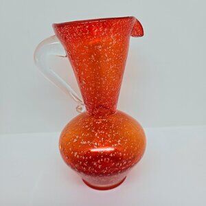 Vintage Orange / Red Glass Pitcher Bud Vase, Clean Handle, Silver Specks, 6"